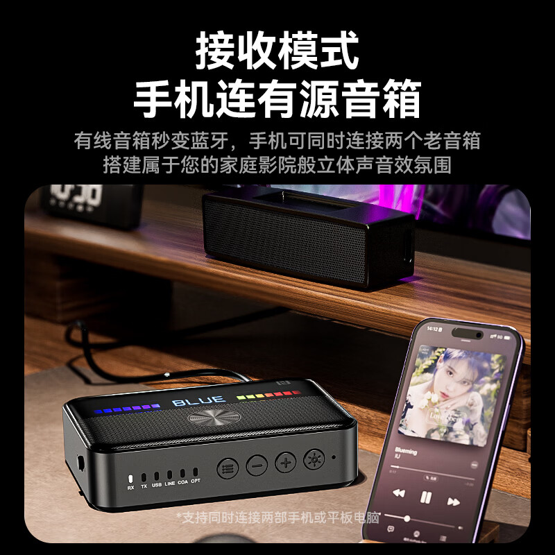 雷翼(RAYEE）蓝牙接收器6.0转音箱响功放机NFC触连U盘TF卡播放同轴光纤接电视电脑发射音频适配器 绅士黑 【升级版】一发两收