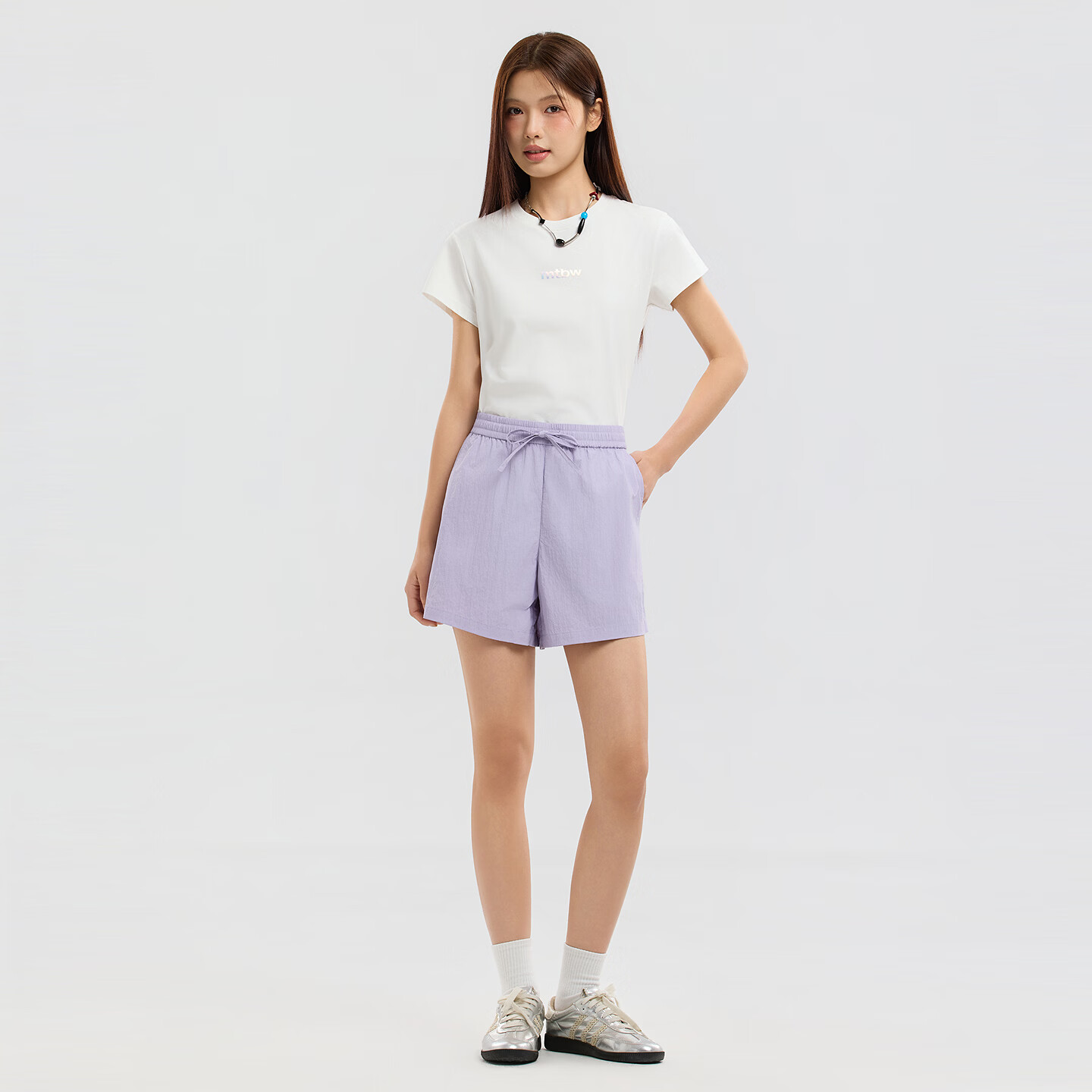 美特斯邦威阔腿裤女2026夏季新款潮流宽松吸湿速干纯色休闲短裤 花瓣紫 L 165/27
