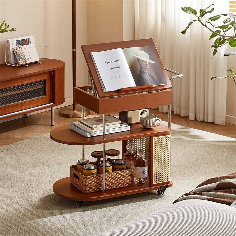 全友家居中古风家具可移动沙发边几小户客厅型置物收纳小推车柜子家用 复古棕|边几