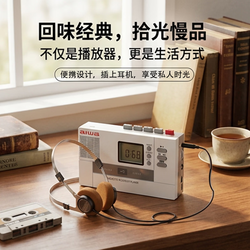 aiwa26新款爱华便携式磁带播放机英语学习机复古怀旧80年代卡带录音机蓝牙音箱U盘一体机可充电walkman 白色岁月版【蓝牙双通+磁带U盘互录+U盘播放】 标配+32G准备精选音乐优盘
