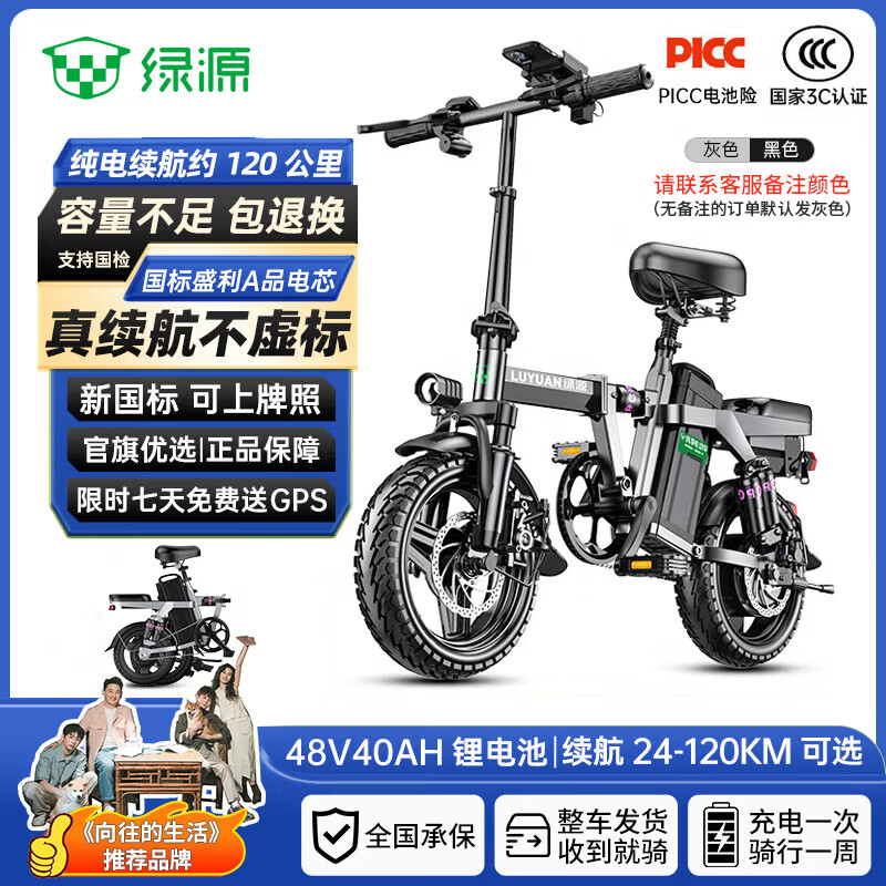 绿源【向往的生活推荐品牌】电动自行车新国标代驾折叠电动车超长续航铝合金锂电池助力电瓶车 航空高级版灰色-40A-纯电120公里