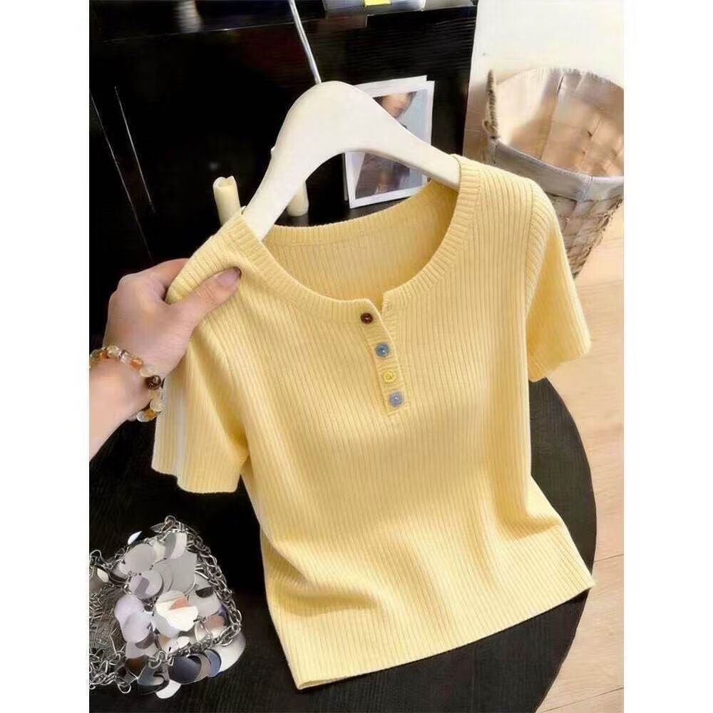 正肩黄色短袖T恤女夏季新款多巴胺穿搭修身别致彩色纽扣针织上衣 黄色【优质版型】 M 【建议91-100斤】