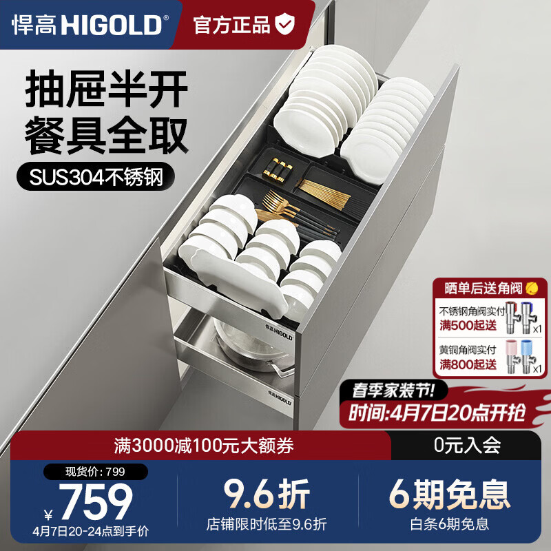 悍高（HIGOLD）厨房橱柜拉篮抽屉式304不锈钢碗碟拉篮碗架双层碗篮 600柜PDL2.0套装-可放鱼碟