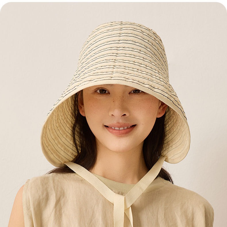 【韩系休闲】夏季新款海边沙滩条纹渔夫帽防晒遮阳帽女 米色