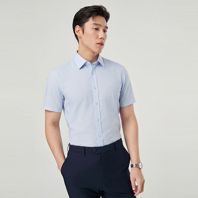 雅戈尔（YOUNGOR）棉莱赛尔混纺面料男士免烫短袖衬衫舒适爽滑抗皱平整2026夏季新品 蓝色格子VSDP114771HBY 43 （180/104Y）