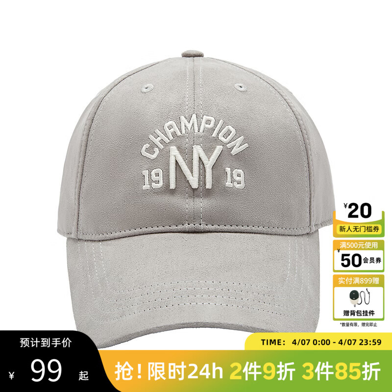 Champion冠军秋季新款美式潮牌弯檐棒球帽男刺绣显瘦鸭舌帽女遮阳 浅灰 均码