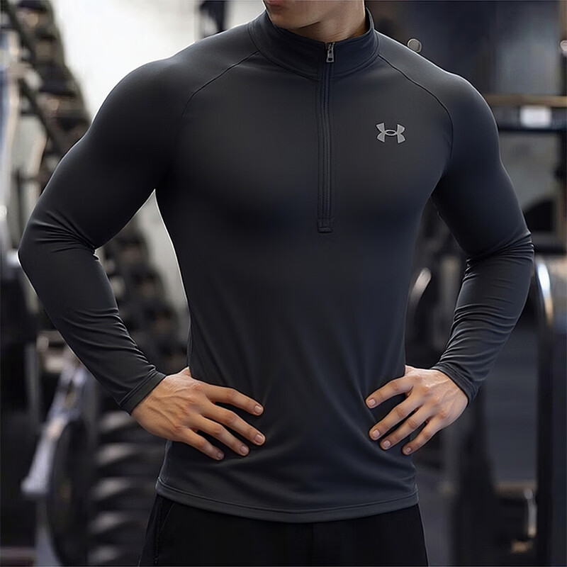 安德玛（Under Armour）男装 25冬季新款长袖T恤半开襟舒适透气户外健身跑步训练运动服 黑色/舒适健身 XL (180/100A)