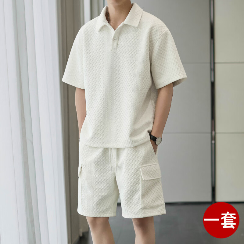 JPUZ男士夏季套装2026新款潮流休闲帅气翻领短袖Polo衫男t恤短裤一套 米白色 S 适合80-100斤