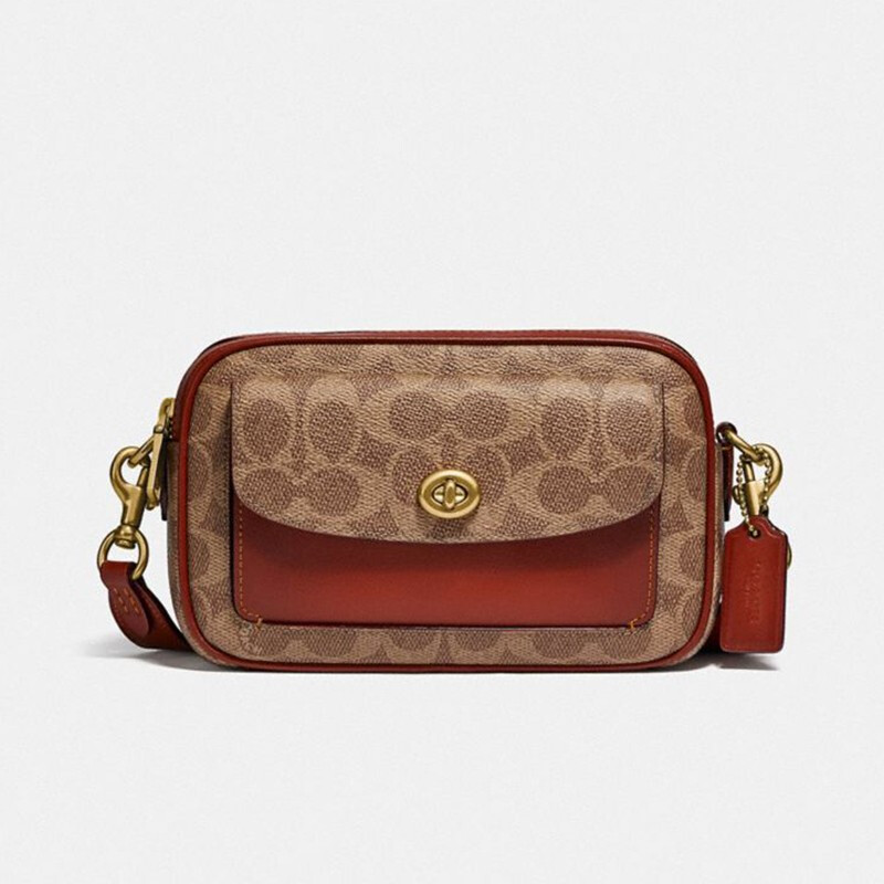 coach 蔻驰女包 willow女士单肩包相机包经典帆布配皮斜挎包 卡其拼色