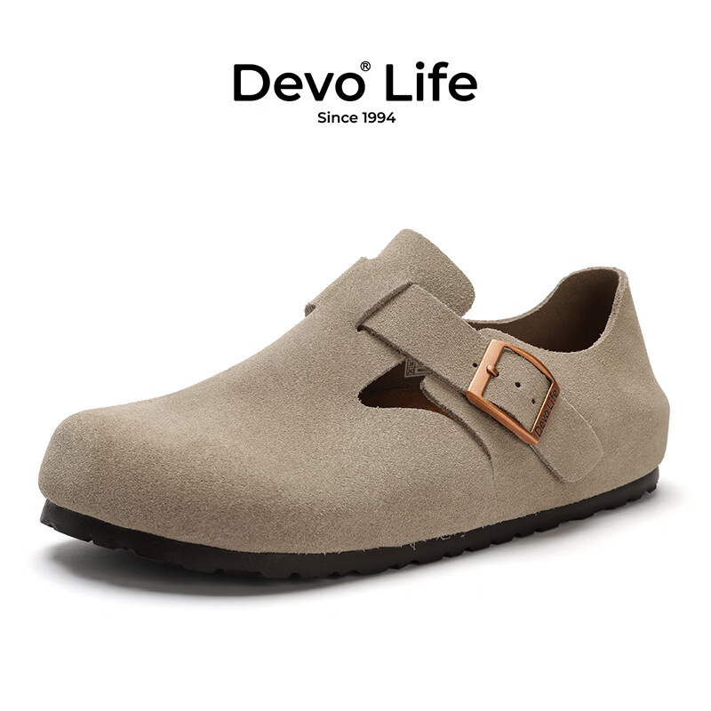 Devo的沃软木勃肯鞋男女同款单鞋绒面复古包头鞋情侣文艺休闲鞋 66008 灰色反绒牛皮 36