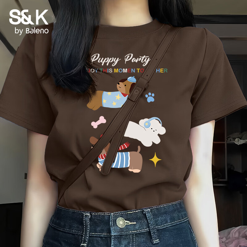 班尼路（Baleno）S&amp;K100%纯棉短袖T恤女2026年夏季女装新款潮流时尚甜美可爱上衣 咖啡#BL狗狗派对 XL