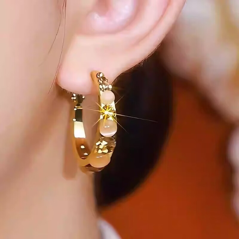 2026新款咖色圆形猫猫石金色耳圈简约气质个性百搭耳环XJS 【送礼盒】金色圈圈耳环