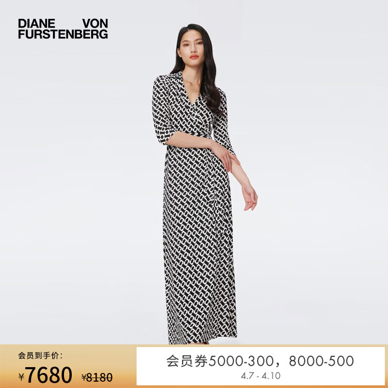 Diane von Furstenberg[100%真丝 品牌经典]DVF黑白锁链印花优雅中长裹身连衣裙MR41E00 CLMDB黑白锁链 XS / 2