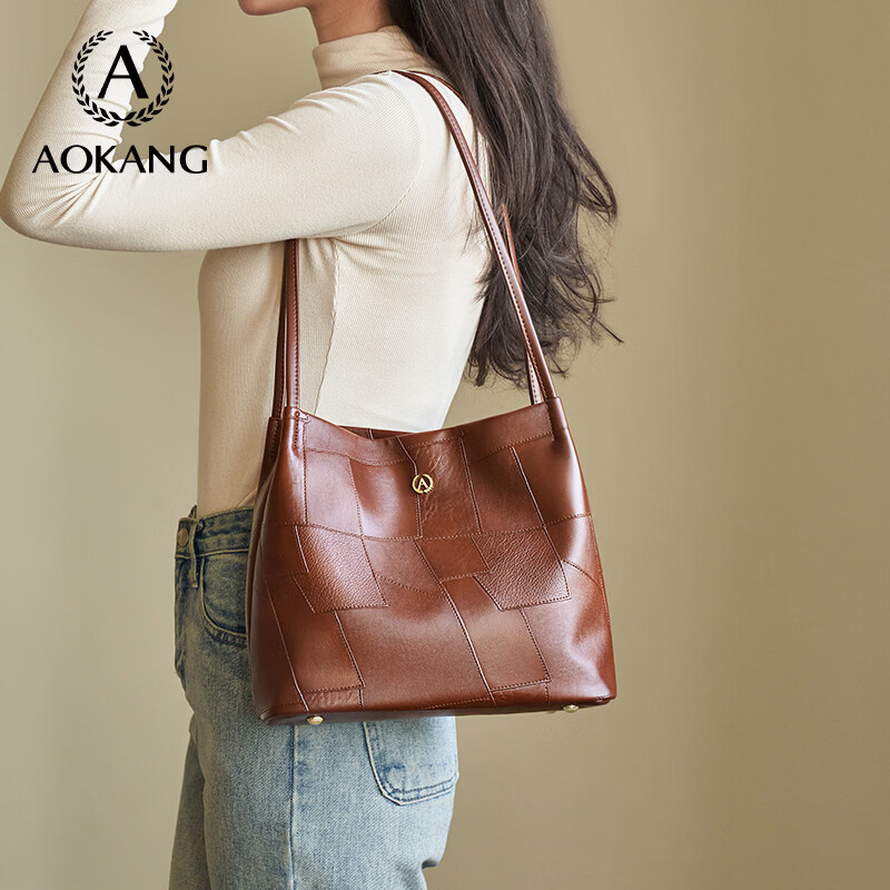 奥康（Aokang）包包女包手提包新款复古托特包印花斜挎单肩包生日礼物高级感实用 艺术拼贴咖啡色-BG703175