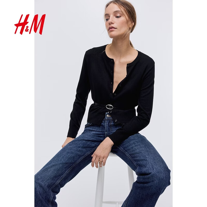 H&amp;M女装针织衫春季时尚慵懒打底衫短款薄外套0579541 黑色001 2XL 175/128