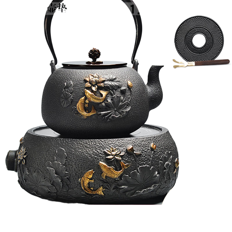 尚言坊電陶爐鐵壺套裝家用煮茶器仿日鑄鐵泡茶專用 1蓮蓮有魚鑄鐵爐+蓮蓮有魚鐵壺+贈配件 1.4L 1L以上