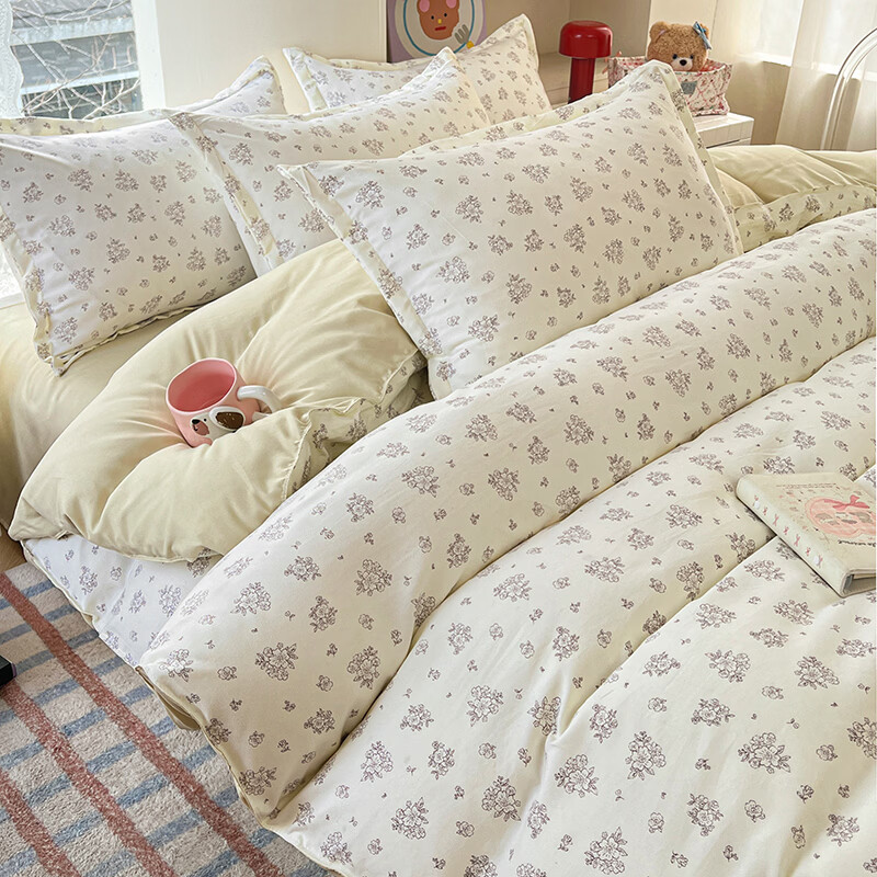 软贝小清新四件套 透气亲肤印花卡通简约田园风被套床单款套件 素卉-米黄 2.0m 床单款 四件套（被套200*230cm）