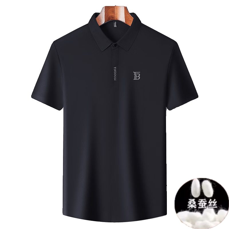 B PRORSUM巴宝莉正品高端短袖衬衫男士夏季桑蚕丝感商务休闲免烫衬衣男刺绣 十大奢侈品男装黑色 M 165__建议体重100-119斤