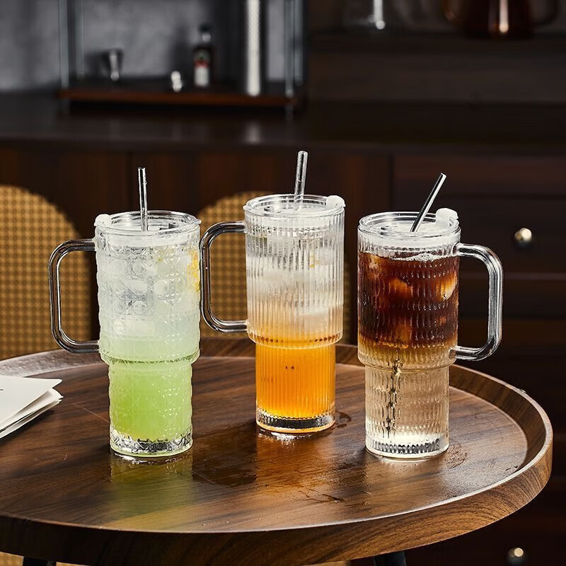 亚创优品+大容量玻璃吸管杯带把手冰美式拿铁咖啡杯果茶杯办公室带盖水杯子 宝石纹单杯