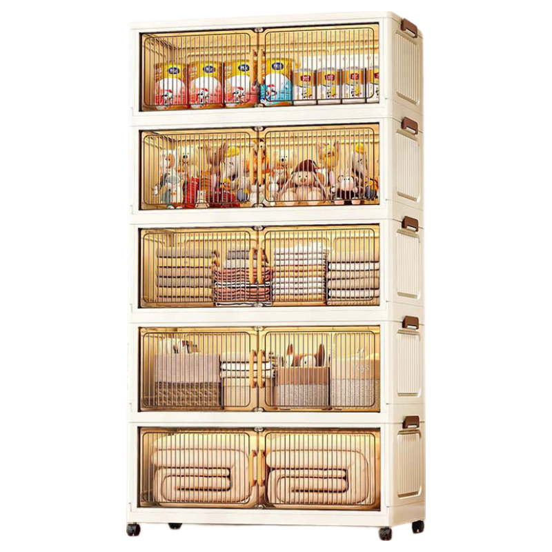 折叠收纳柜加厚客厅零食置物架婴儿玩具整理箱储物衣柜厨房橱柜子 60cm面宽【透茶色】5层 全网底价/性价比极高