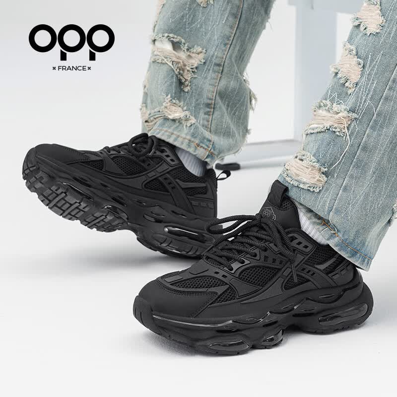 OPP男鞋夏季透气2026新款高级感老爹鞋男士运动鞋百搭休闲鞋软底增高 黑色 单层 44