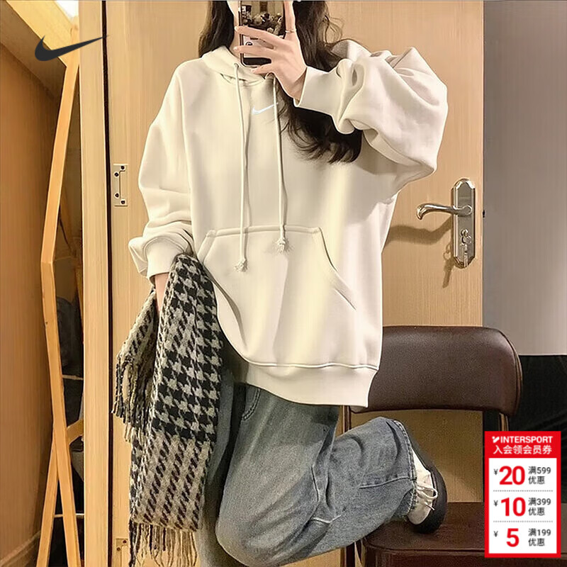 耐克（NIKE）女装上衣 2026春季新款运动服跑步休闲连帽针织衫宽松卫衣套头衫 DQ5861-104/加绒/帆白色 M (160/84A)