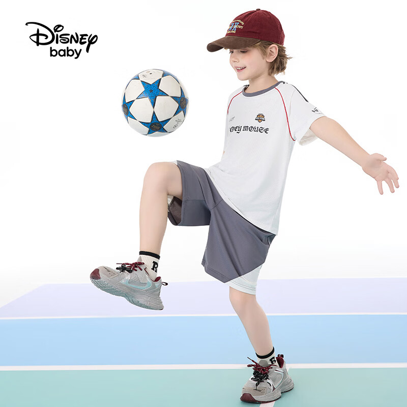 迪士尼（Disney）童装男女童套装个性印花短袖T恤透气运动短裤两件套夏篮球服套装 本白 150 高145-155cm重70-85斤
