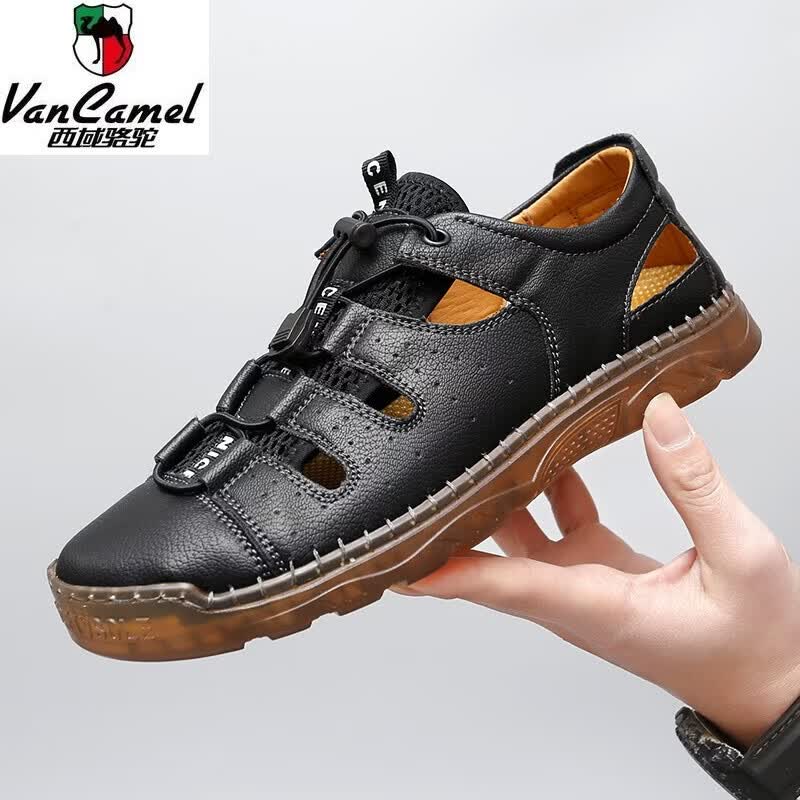 西域駱駝（VANCAMEL）夏季戶外透氣鏤空涼鞋牛筋底防滑耐磨旅游洞洞鞋男休閑中年爸爸鞋 黑色 38