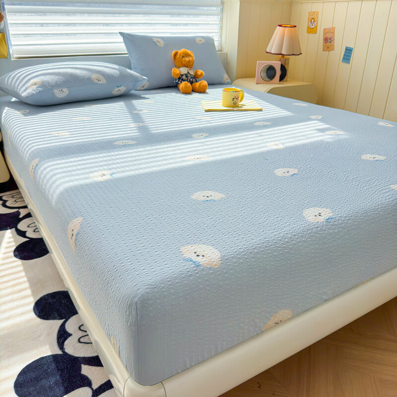 雅鹿A类双层纱床笠床罩单件席梦思床垫保护套罩宿舍全包床单四季通用 蓝色领结狗【A类面料 软糯松软】 150x200cm-单床笠
