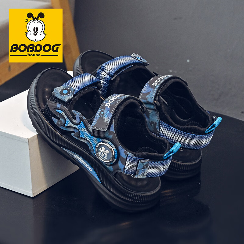 巴布豆（BOBDOG）童鞋男童夏季运动凉鞋中大童校园鞋子2026新款百搭露趾沙滩鞋 黑/星空蓝 26 适合脚长17.5cm