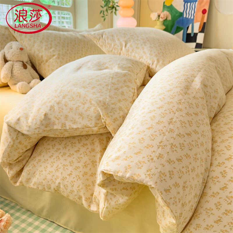 浪莎（LangSha）水洗棉床上四件套亲肤双层纱床单被罩套床笠款学生宿舍三件套床品 花语【细腻柔软 亲肤裸睡】 1.8m 床单款 四件套-被套180*220cm