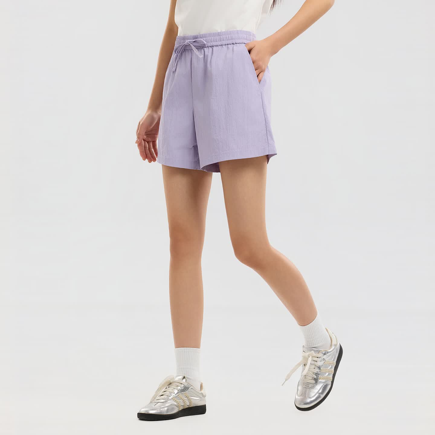 美特斯邦威阔腿裤女2026夏季新款潮流宽松吸湿速干纯色休闲短裤 花瓣紫 L 165/27