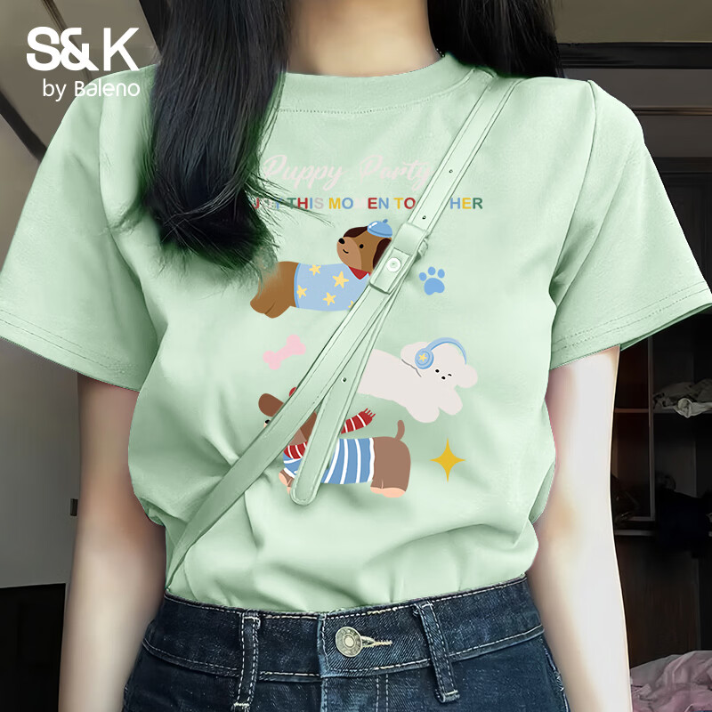 班尼路（Baleno）S&K100%纯棉短袖T恤女2026年夏季女装新款潮流时尚甜美可爱上衣 水绿#BL狗狗派对 L