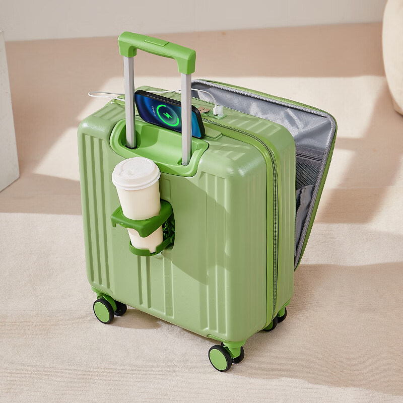 广璐迪（GUANG LU DI）前开盖小行李箱可上飞机拉杆箱万向轮男登机箱18女密码箱包耐用 仙踪绿【USB/Type-c双充电口】 18英寸 登机箱+干湿分离+杯架