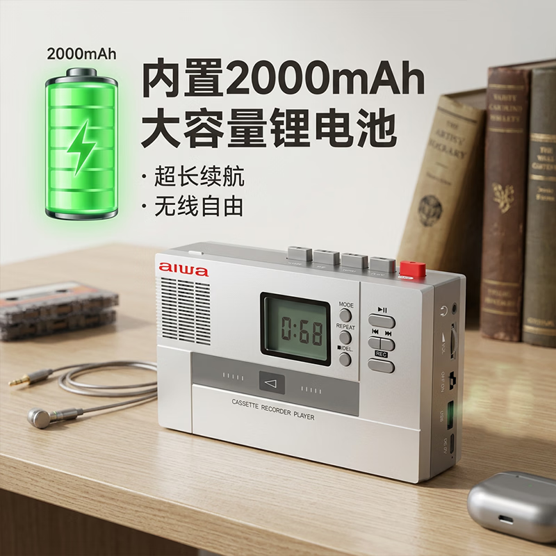 aiwa26新款爱华便携式磁带播放机英语学习机复古怀旧80年代卡带录音机蓝牙音箱U盘一体机可充电walkman 白色岁月版【蓝牙双通+磁带U盘互录+U盘播放】 标配+32G准备精选音乐优盘