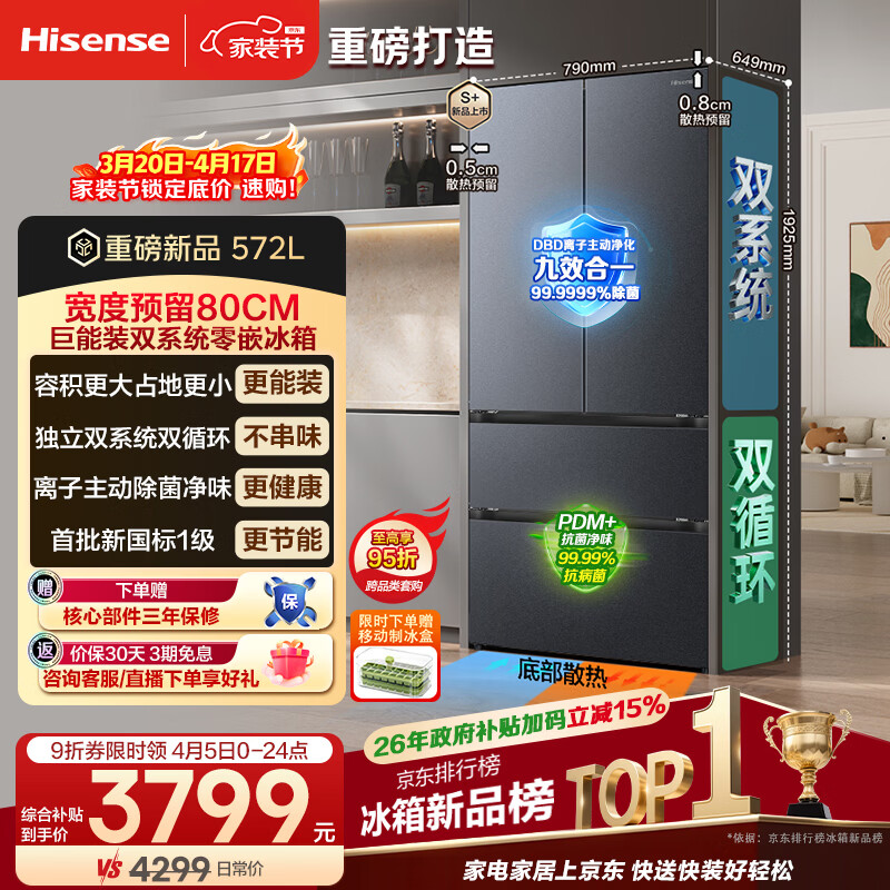 海信572L冰箱法式多门冰箱双系统零嵌大容量主动除菌净味超薄超窄冰箱BCD-572E5SFZSD国家补贴