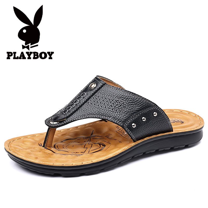 花花公子（PLAYBOY）真牛皮夏季休闲凉拖鞋防滑休闲平底沙滩鞋人字拖 花花公子LQ2292黑色 头层牛皮 41 退货包运费