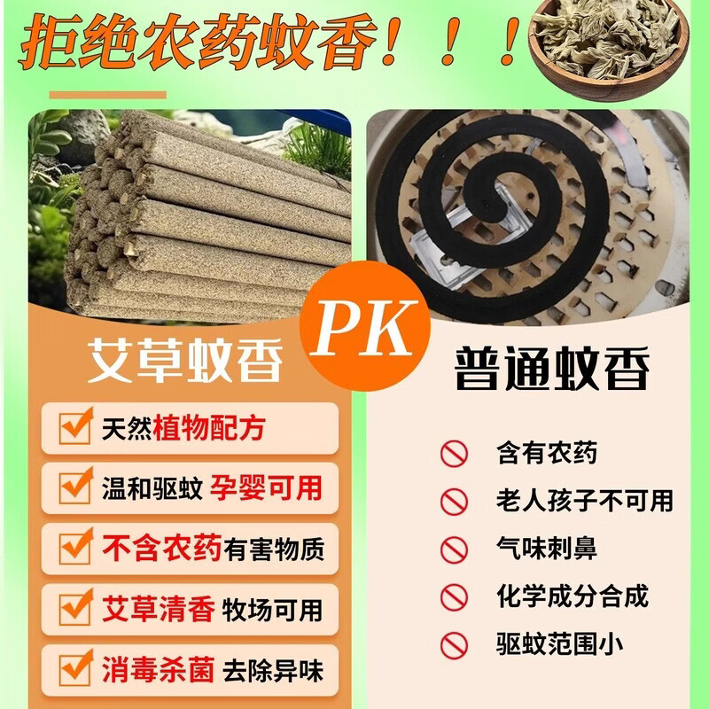 艾草蚊香棒户外野外家用驱蚊庭院子花园钓鱼露营室外阳台灭蚊棒香 【46cm纯艾蚊香棒】60根