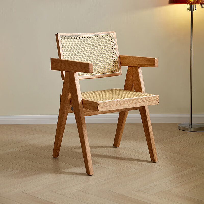 全友（QUANU）家居原木风餐桌藤编餐椅组合家用小户型客厅吃饭桌子学习办公桌 原木色|带扶手餐椅A*2
