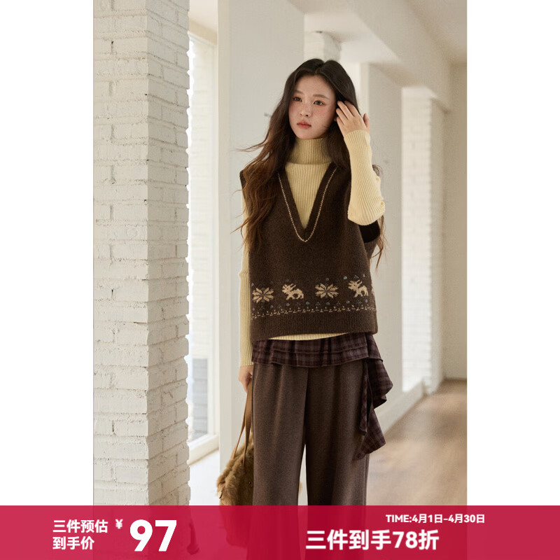 谜秀新年复古提花V领针织马甲2026女冬新款外搭叠穿毛衣背心坎肩 深棕色 深咖色 均码