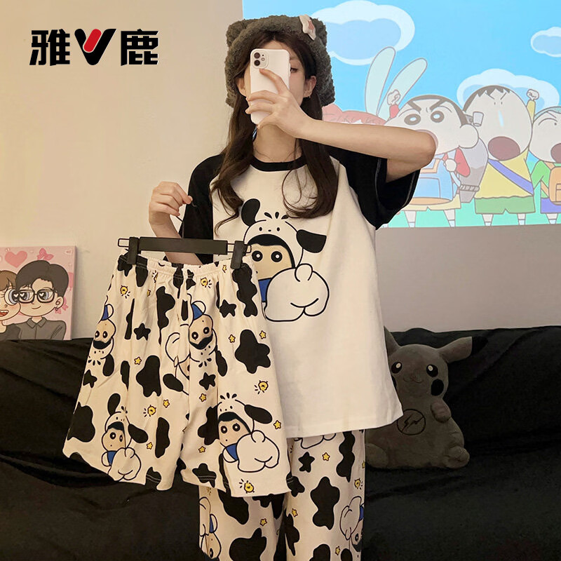 雅鹿轻奢甜美睡衣女夏季纯棉套头短袖三件套装薄款可爱卡通休闲家居服 平纹-圆领奶牛【短袖+短裤+长裤】 M 女款【80-100斤穿】