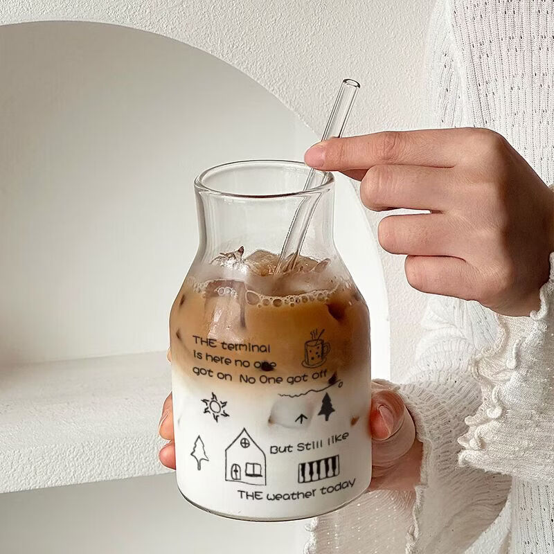 L小红书同款耐热AA 2只白色+黑色+玻璃吸管 夏季茶杯果汁家用涂鸦水杯650ml