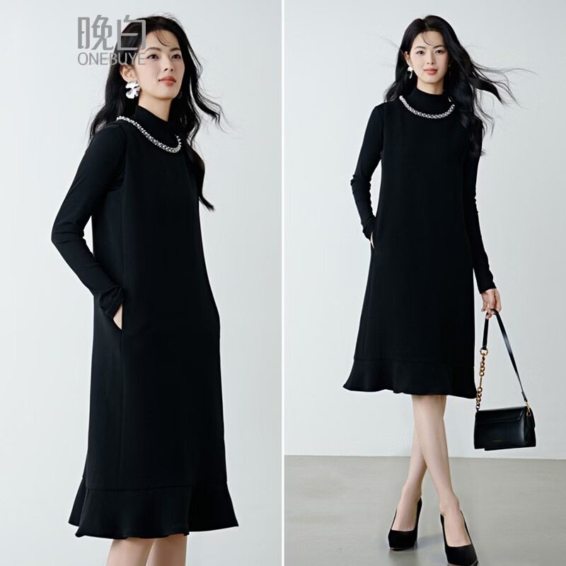 晚白【新品】时尚钉珠优雅小黑裙垂顺修身气质无袖连衣裙 黑色 S