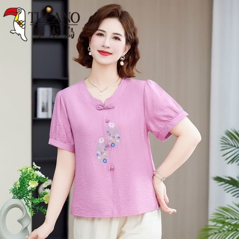 啄木鸟（TUCANO）绣花妈M妈夏装短袖T恤上衣洋气新款中年老年夏季时尚新中式宽松小 橘红色 5XL 建议145-155斤