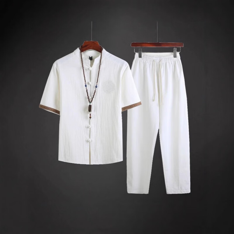 隐形都市莫代尔棉麻两件套中国风夏季亚麻套装中式唐装汉服茶禅服男士睡衣 黑色【上衣+裤子】两件套 当季新品 5XL 200-220斤