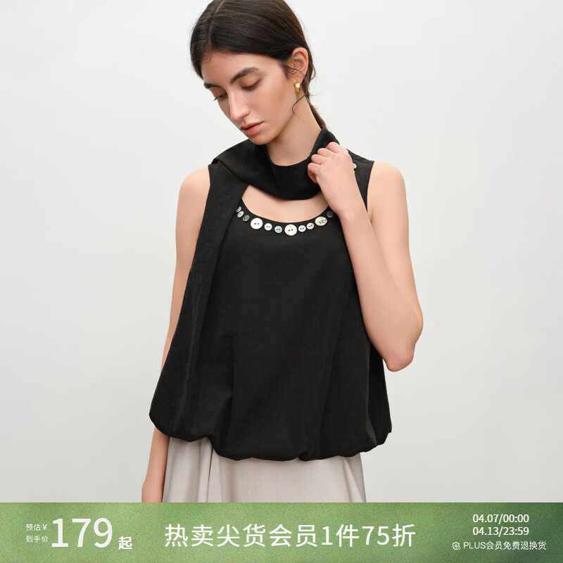 自巧小个子浪漫飘带领哑光贝壳扣设计感花苞上衣女2026年夏季新款 谧黑色 M （尺码：4）