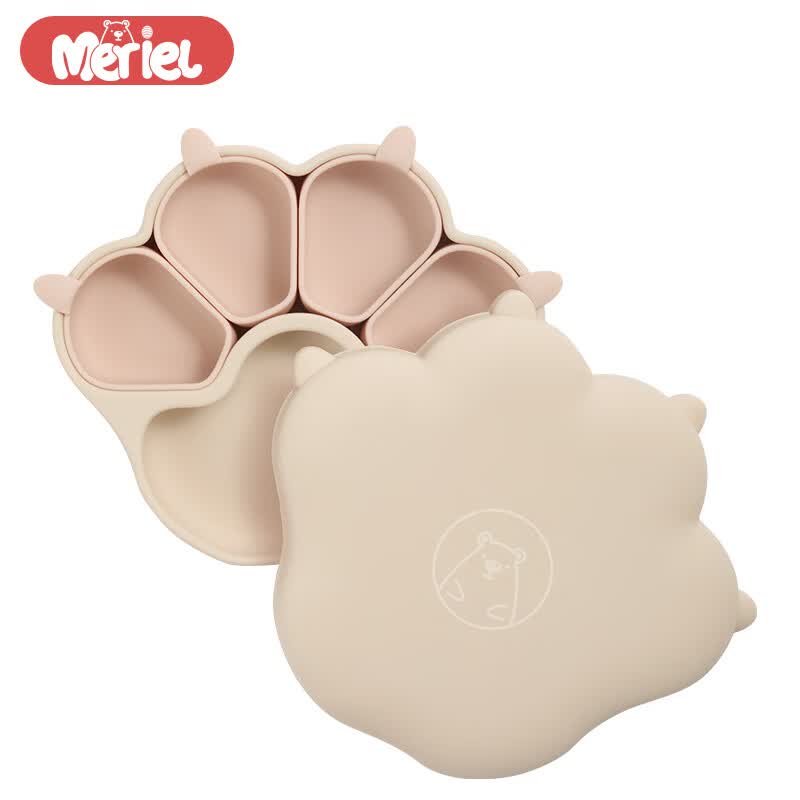 Meriel美芮儿宝宝餐盘婴儿童饭盒分格吸盘硅胶辅食碗工具餐具盘原装进口 奶油黄套装-铂金硅胶餐盘