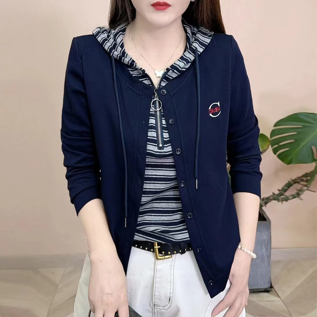 春季新款条纹拼接假两件连帽长袖卫衣2026洋气妈妈装显瘦减龄上衣 藏青色 2XL 【建议120-130斤】