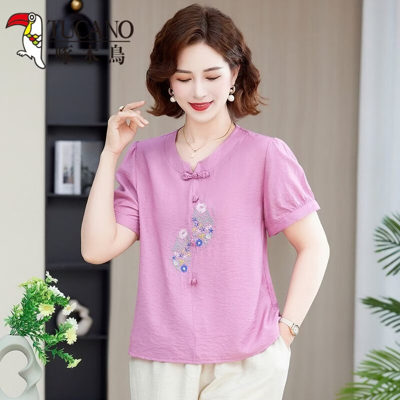 啄木鸟（TUCANO）绣花妈M妈夏装短袖T恤上衣洋气新款中年老年夏季时尚新中式宽松小 橘红色 5XL 建议145-155斤