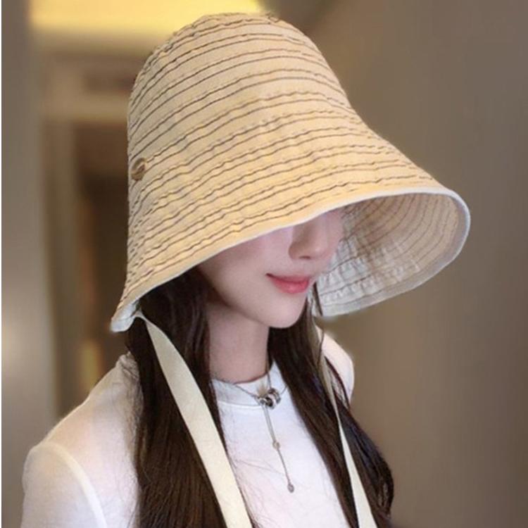 【轻奢品质】防晒遮阳帽女夏条纹渔夫帽户外显脸小太阳帽时尚 奶油米【条纹系带款】